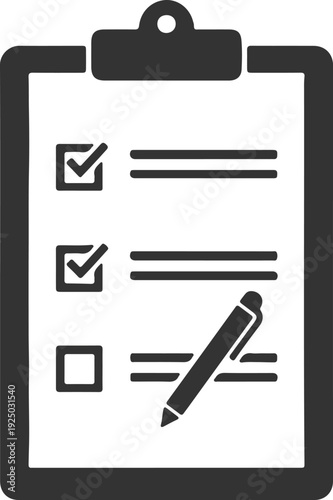 Minimalist Black and White Clipboard Checklist Icon with Pen for Task Management, To‑Do Lists, and Productivity Tracking
