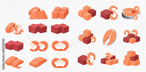 Set of fresh raw seafood ingredients including salmon, tuna, and shrimp for cooking isolated on transparent background.