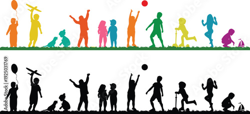 Children silhouettes playing with balloons, toy airplanes, scooters, balls, joyful activity, colorful pattern, childhood fun, dynamic movement, community art, education