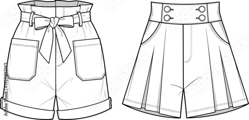 Womens fashion flat vector sketch templates of casual paperbag waist tie shorts and high waist pleated button sailor style shorts.