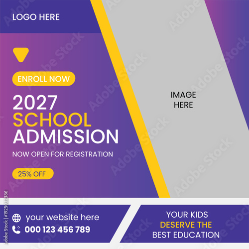 Colorful template for school admission flyer or brochure design featuring enrollment information and promotional offer for students and parents seeking educational services.