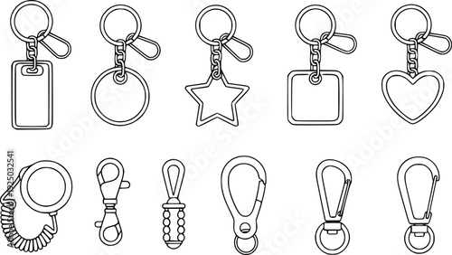 Blank keychain templates with snap-hook and ring, star and cloud shaped keyring outlines for branding design vector illustration.