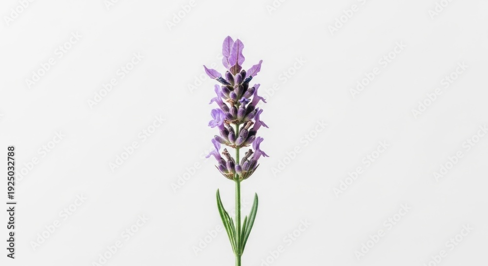 Obraz premium A single lavender flower with purple petals on a green stem against a white background