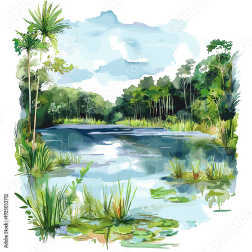 Bigi Pan Wetlands. Bigi Pan Wetlands hand drawn watercolor illustration