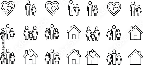 Family, Parents and Children, Love Heart and Home Line Icon Set for Parenting, Relationship and Real Estate Web Design