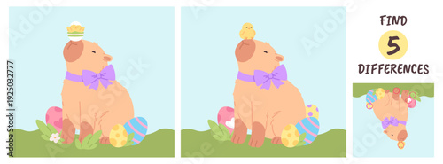 Find five differences game. Easter capybara with chicken and colored eggs sitting on meadow. Education attention children play for kindergarten, vector template