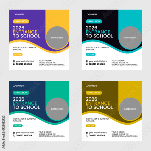 Collection of customizable school entrance flyer templates for 2026 admission featuring enrollment information and promotional offers in various color schemes.