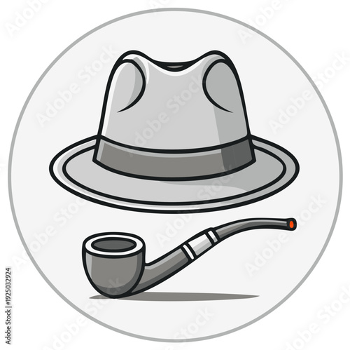Classic detective fedora hat and smoking pipe illustration in a circle