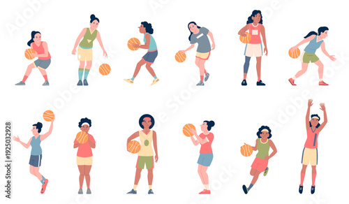 Female basketball players. Girls athletes in uniform play with ball, different poses sport characters. Workout, tournament, championship or hobby, recent vector set