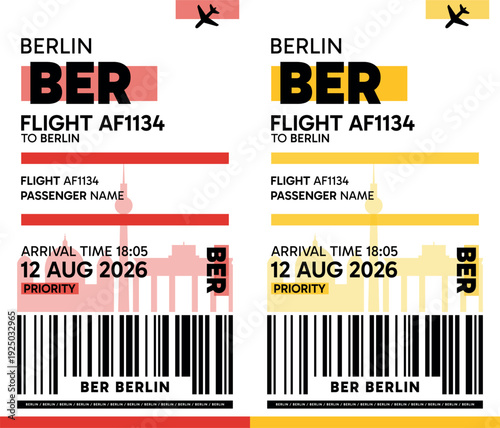 BER, Berlin, Germany luggage label, boarding pass template. Vector minimalist illustration with airport code, city destination, flight info. Flat, modern image layout
