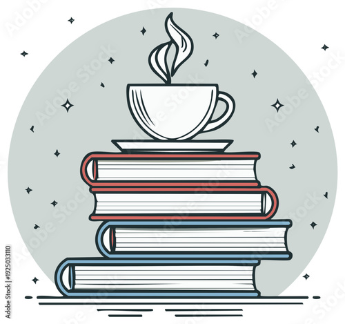 Steaming Coffee Cup Resting on Stack of Books