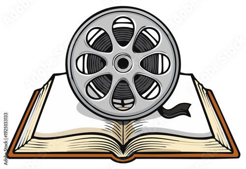 Movie film reel rests on opened book pages emphasizing storytelling media combination