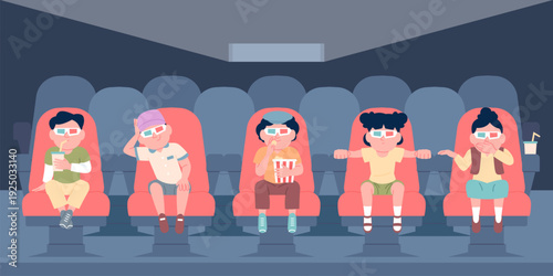 Children in movie theater. Kids watching 3d cartoon show or film. Toddlers sitting in cinema red chairs, eating popcorn, drink soda. Entertainment time recent vector scene