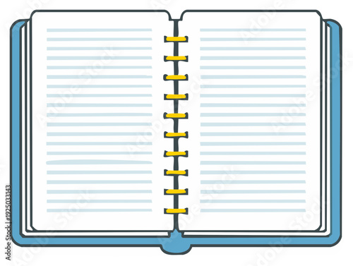 Opened Blue Notepad with Blank Lined Pages for Writing and Drawing Illustration