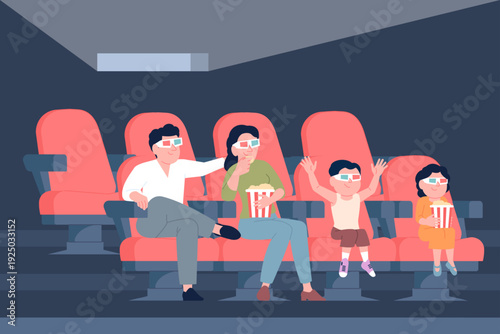 Family in cinema. Parents with children in movie theater. Weekend entertainment, people watching cartoon or 3d film for kids, recent vector scene