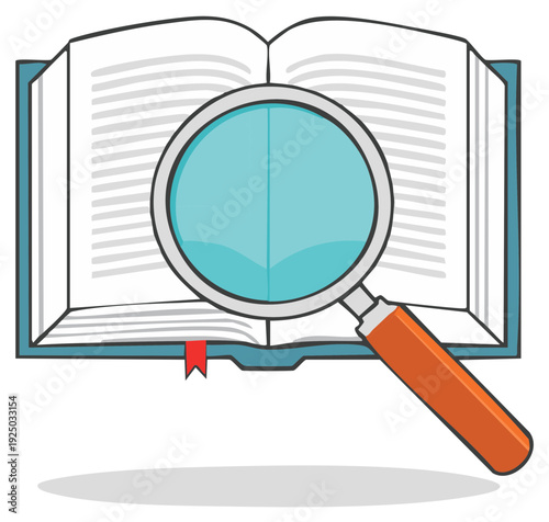 Magnifying glass examining an open book with text and a bookmark indicating study or research