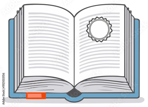 Open Book with Pages and Bookmark Featuring Blank Seal for Design or Logo