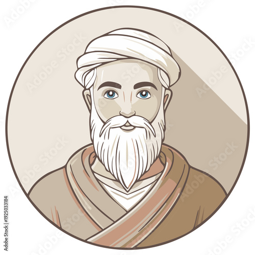 Portrait Illustration of a Wise Bearded Man Wearing Traditional Middle Eastern Headwear and Robe  in Circle Frame