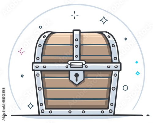 Antique wooden treasure chest with metal accents and glowing sparkles