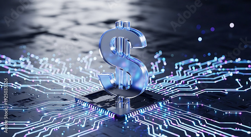 A shiny dollar sign on a futuristic circuit board with glowing blue lines and dots, representing technology and finance