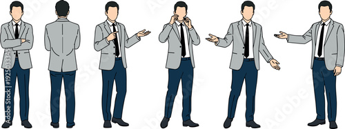Set of professional businessman character in grey suit jacket with various poses and gestures flat vector illustration