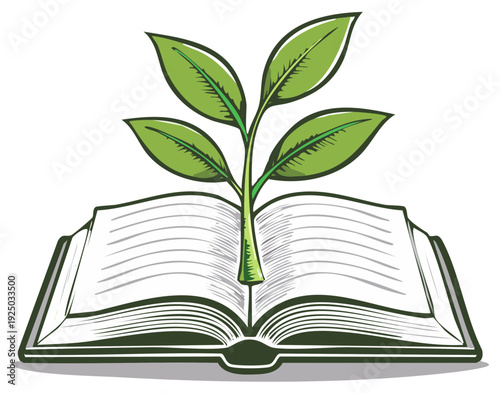 Illustration of a green plant growing from an open book, concept of knowledge and growth.