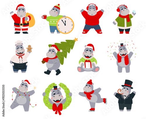 Christmas hippo. Winter holiday season hippos, funny cartoon mascots. Animals with xmas tree, gifts, skating. Animal santa, classy vector mascots