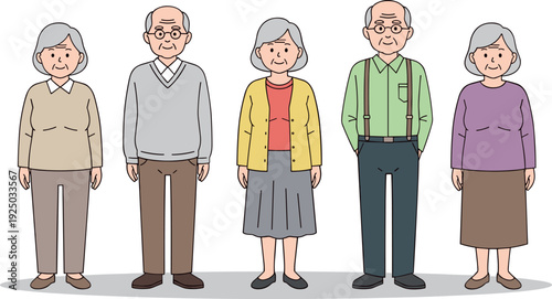 Set of senior elderly people characters in casual autumn clothing including grandmother and grandfather flat vector illustration
