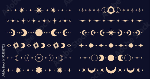 Celestial borders. Simple ornaments, dividers with stars crescent moon sun. Magic borders design for diary decor, notebook, cards, invitation, racy vector set