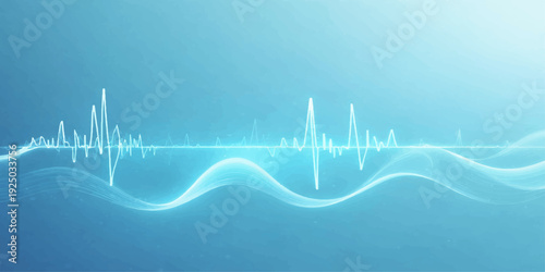 A medical electrocardiogram vector illustration displays a blue heart rate pulse wave on a digital monitor graph representing healthy rhythm and healthcare technology