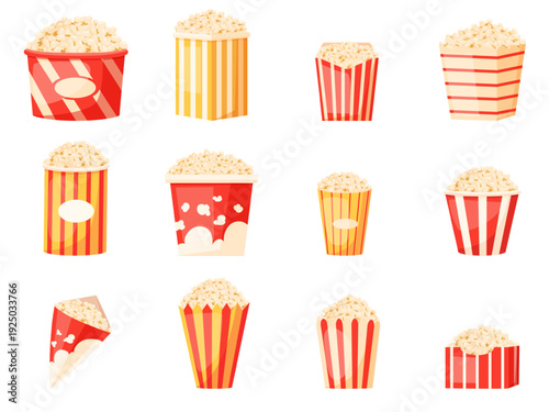 Cinema popcorn buckets. Various striped bucket and cone with pop corn. Cinema, circus, amusement park traditional snacks, fast food, nowaday vector set
