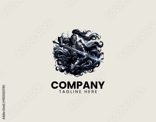 Silver armored knight warrior holding sword is surrounded by burning fire circle