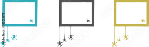 Spider frames with hanging spiders, turquoise, black, mustard yellow, minimalistic design, Halloween theme, decorative graphic, spooky art, stylized pattern, web motif
