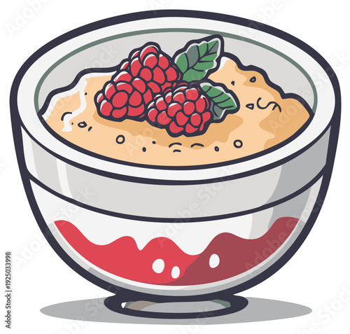 Bowl of Porridge with Raspberries and Mint Leaves, Cartoon Illustration