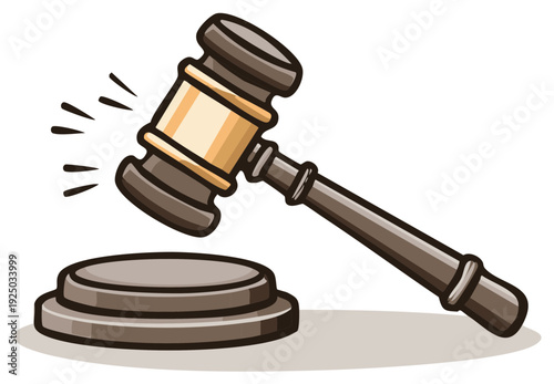 Cartoon illustration of a gavel and sound block, justice and law concept.
