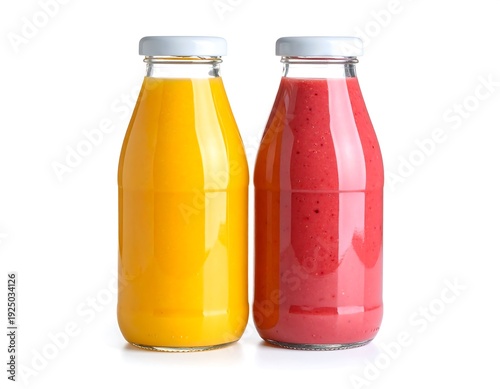Fresh juice bottles with vibrant orange and strawberry smoothies