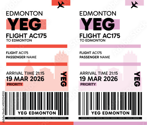 YEG, Edmonton, Canada luggage label, boarding pass template. Vector minimalist illustration with airport code, city destination, flight info. Flat, modern image layout