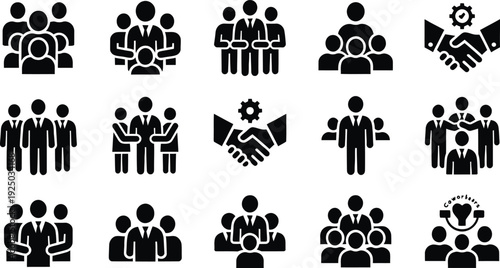 Business partnership icon set. Includes teamwork, collaboration, agreement, handshake, and gear icons. Created in solid black style with monochrome palette.