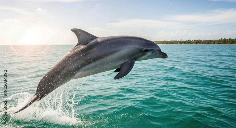 Fototapeta premium A dolphin jumps out of the water, creating splashes, with a sunny ocean background