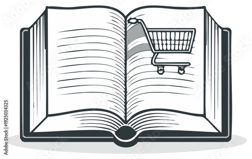 Shopping cart inside open book, concept of online shopping and reading