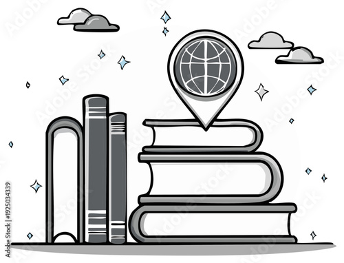 Books stack, world globe location pointer - education, knowledge, geography, information, travel, vacation spot icon concept, vector illustration