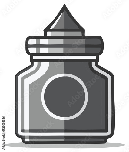 Graphic illustration of an antique inkwell with a pointed cap and a circular label area