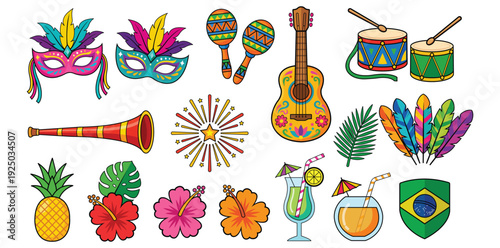 Carnival Festivities Illustration: A vibrant collection of carnival icons. Masks, instruments, tropical elements, and festive adornments create a visual symphony of celebration. 