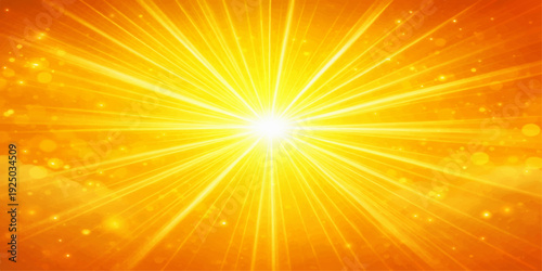 A vibrant orange vector design featuring a bright yellow sunburst explosion with warm summer light rays and glowing sunshine beams for an energetic abstract background illustration