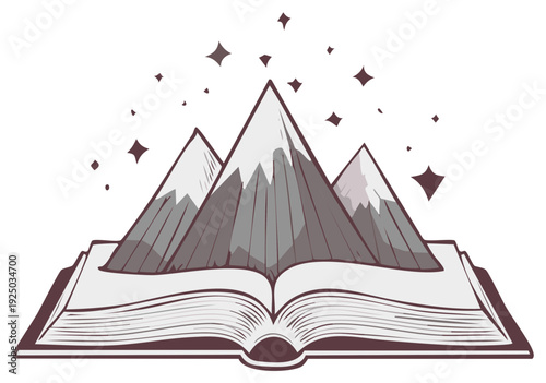 Mountains rising from an open storybook illustration fantasy adventure graphic