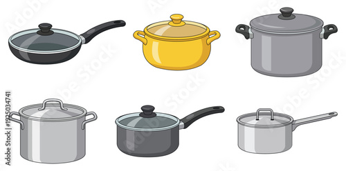 Culinary Array: An illustrated assortment of pots, each a culinary essential, stands ready for the art of cooking, displaying a range of shapes and designs. 