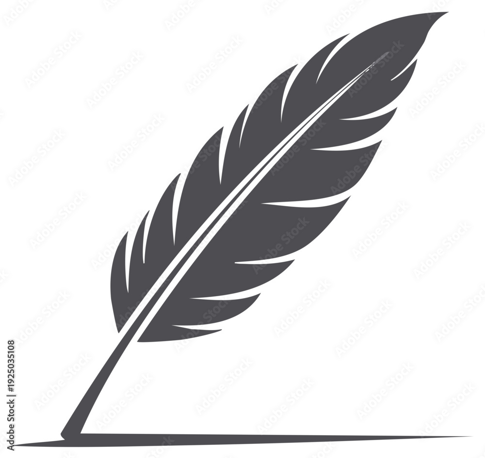 Obraz premium Quill Pen Icon: Vintage Writing Tool Symbol for Authoring and Calligraphy in Grayscale Silhouette