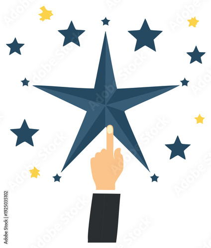 Pointing hand selecting big star achievement excellence quality feedback customer satisfaction concept
