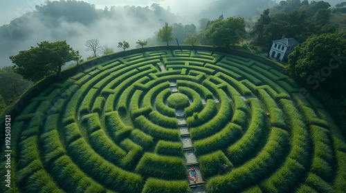 Grass labyrinth in nature, historical mystical structure from above