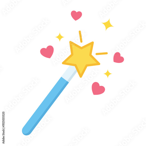 Magic Wand with Hearts: A whimsical magic wand adorned with a shining golden star and surrounded by pink hearts and twinkling stars, evokes feelings of enchantment and wonder.